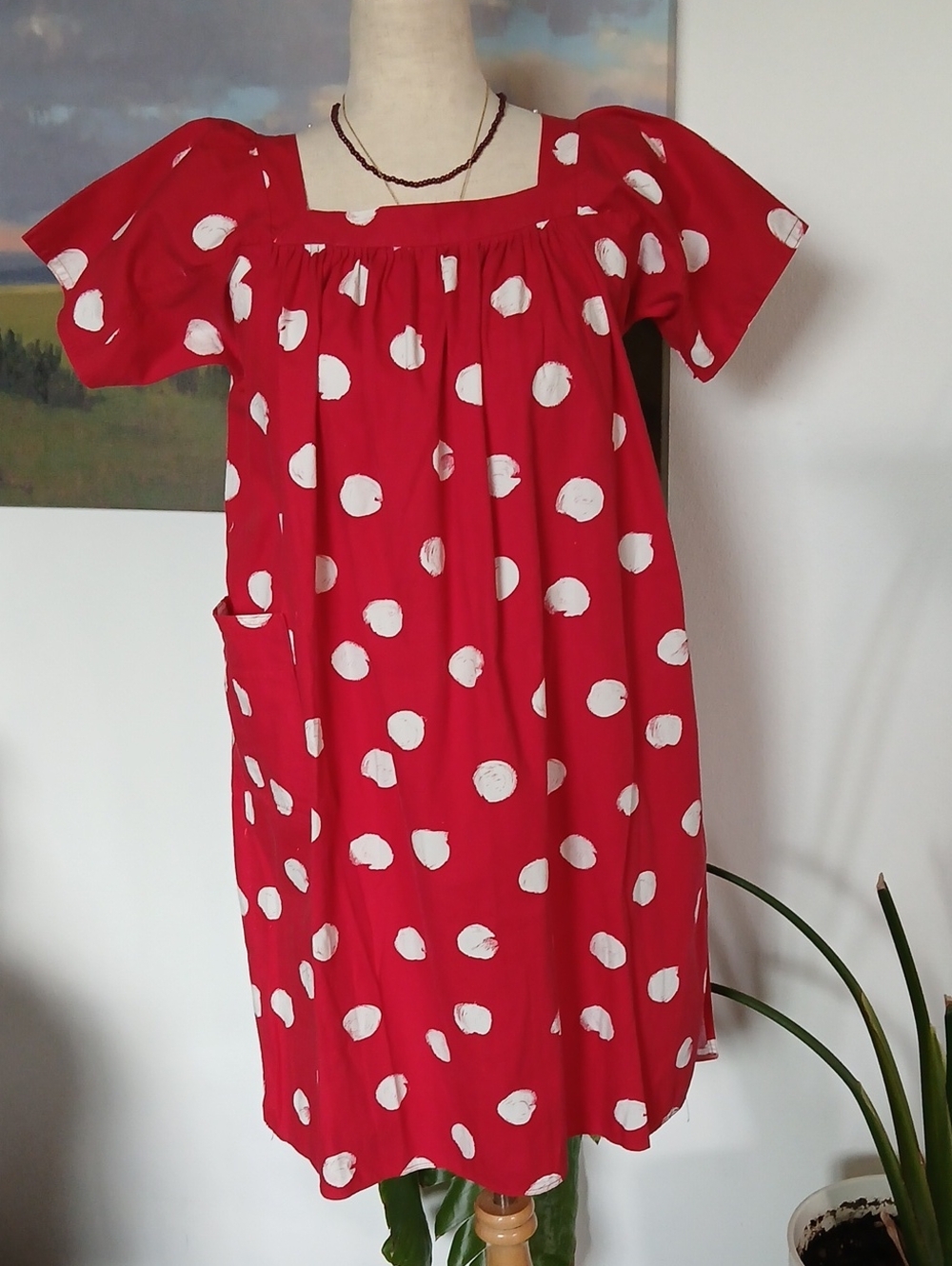 Handmade OAK Red Short Sleeve Tent Dress With White Paintstroke Polka Dot Print